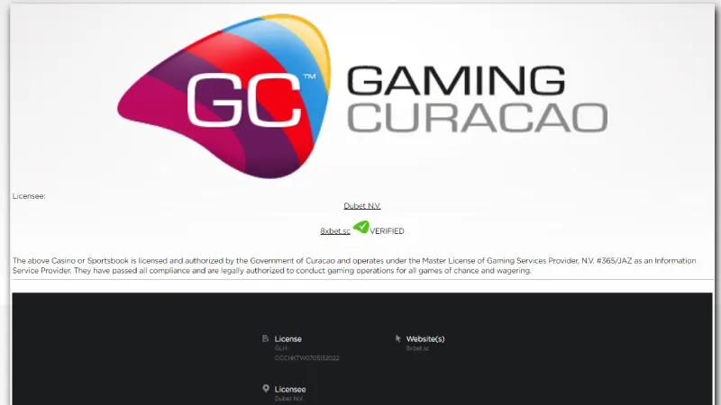 8xbet Gaming Curacao license